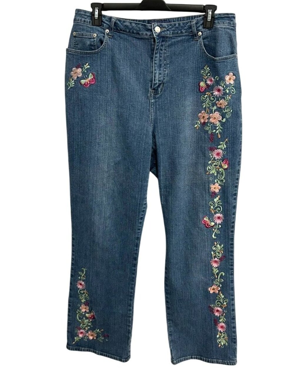 Mwah Jeans 20W Blue Denim Floral Embroidered Cropped Pants Gardencore Boho Chic